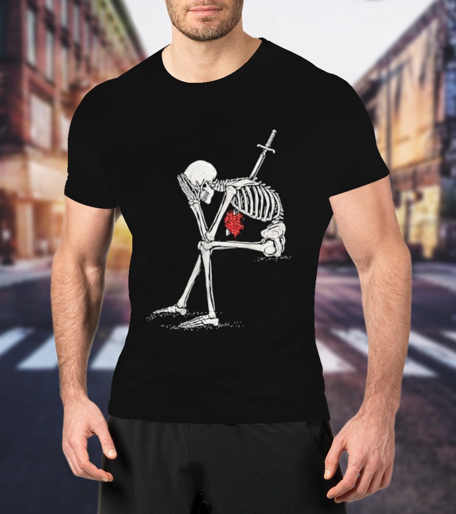 Sad Skeleton With Sword And Bleeding Heart Drawing T-Shirt