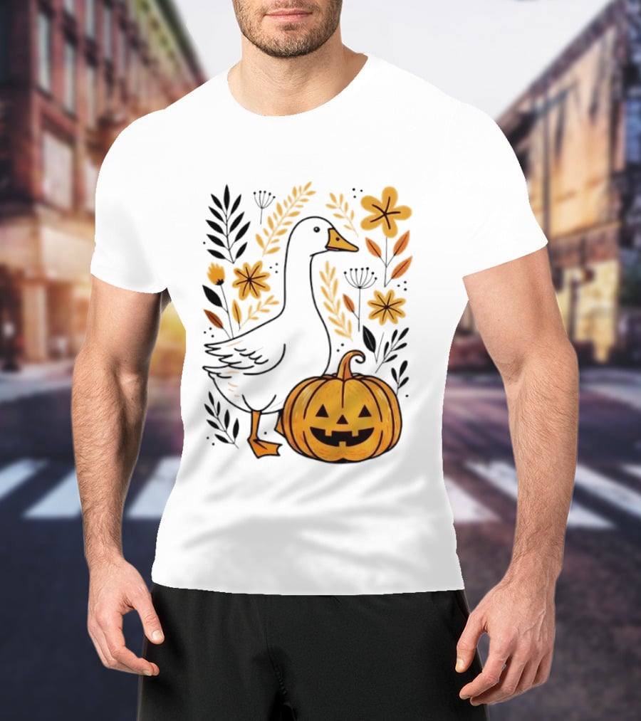 Pumpkin Jack O Lantern Goose Fall Farmhouse Floral Halloween T-Shirt