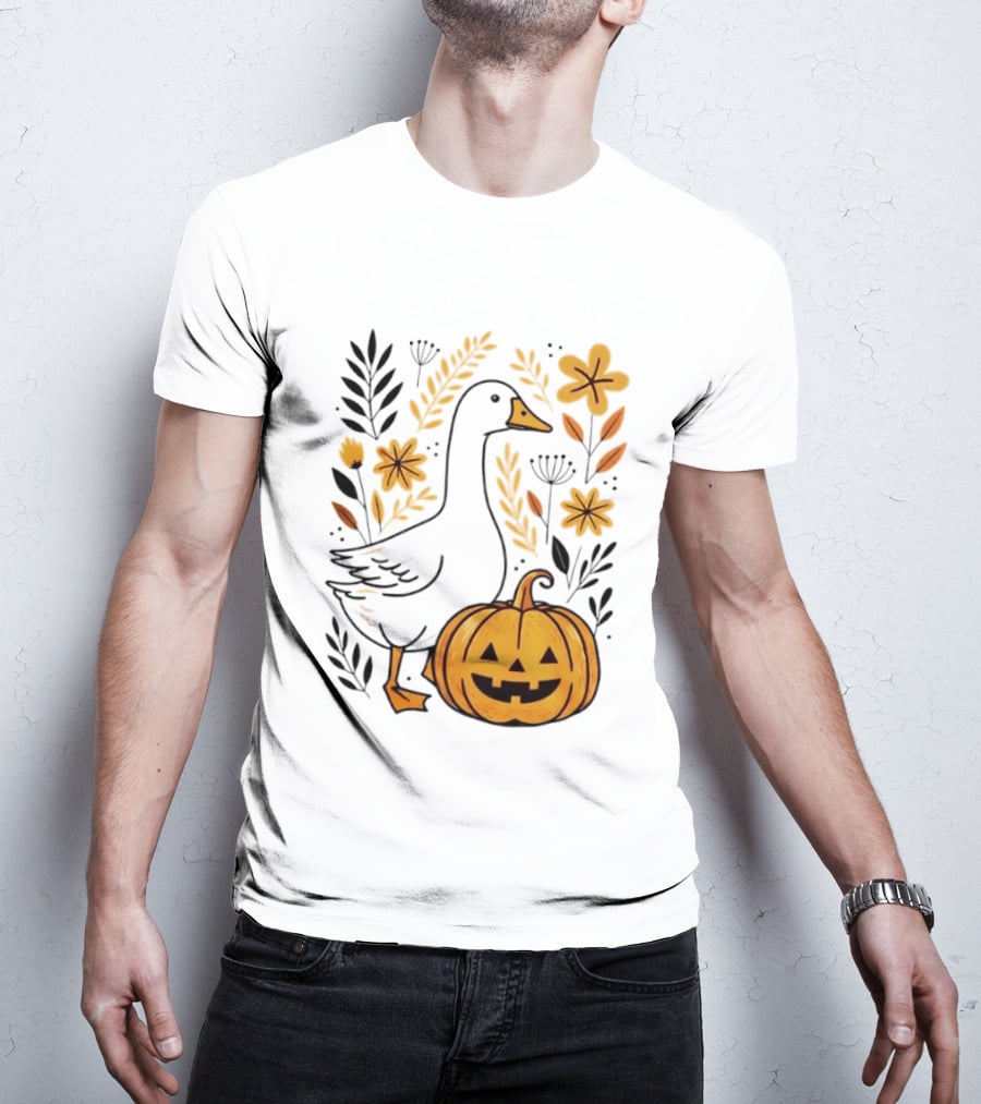Pumpkin Jack O Lantern Goose Fall Farmhouse Floral Halloween T-Shirt