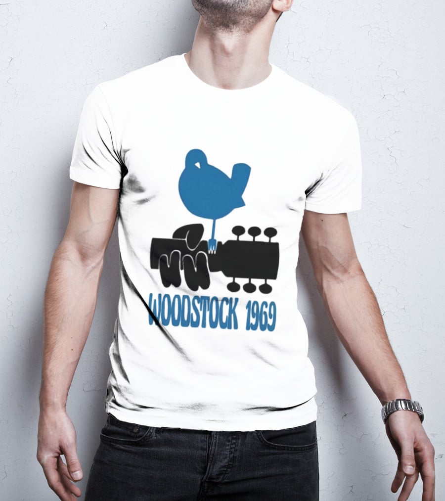 Woodstock 1969 Music Festival Bird On Guitar Neck T-Shirt