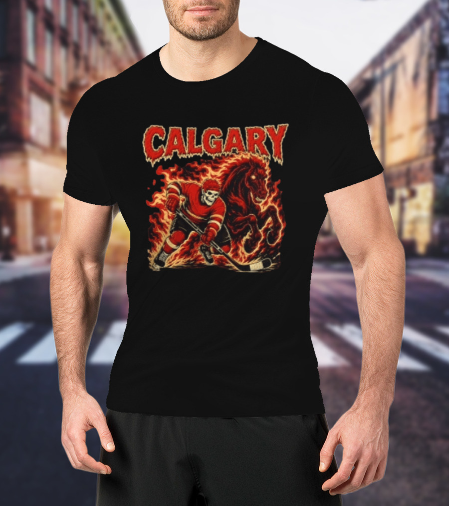 Calgary Flames Skeleton Hockey Player With Fiery Horse T-Shirt