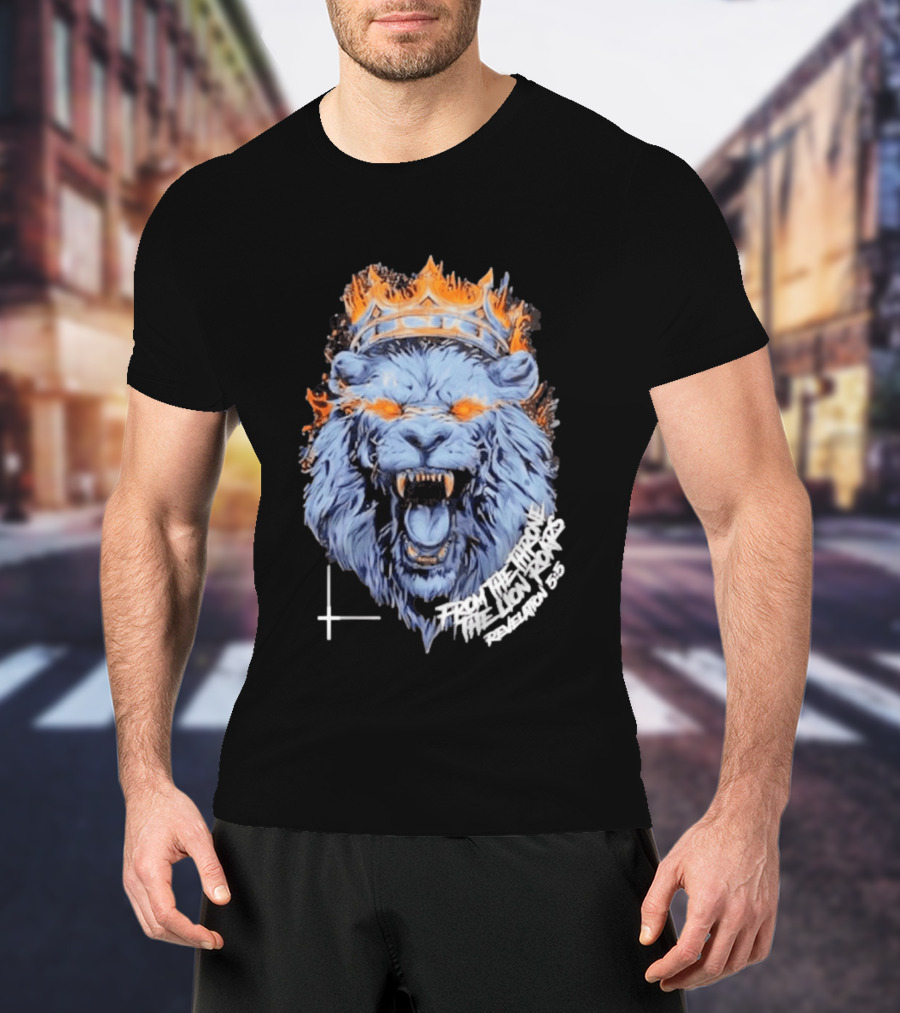 From The Throne The Lion Roars Revelation 5 5 Blue Flame Crown Lionhead T-Shirt