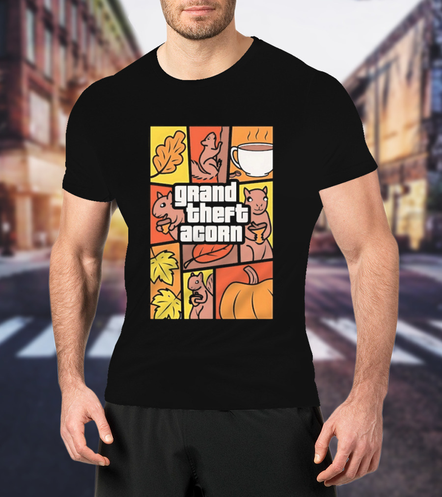 Grand Theft Acorn Autumn Squirrel Coffee Pumpkin Leaves T-Shirt
