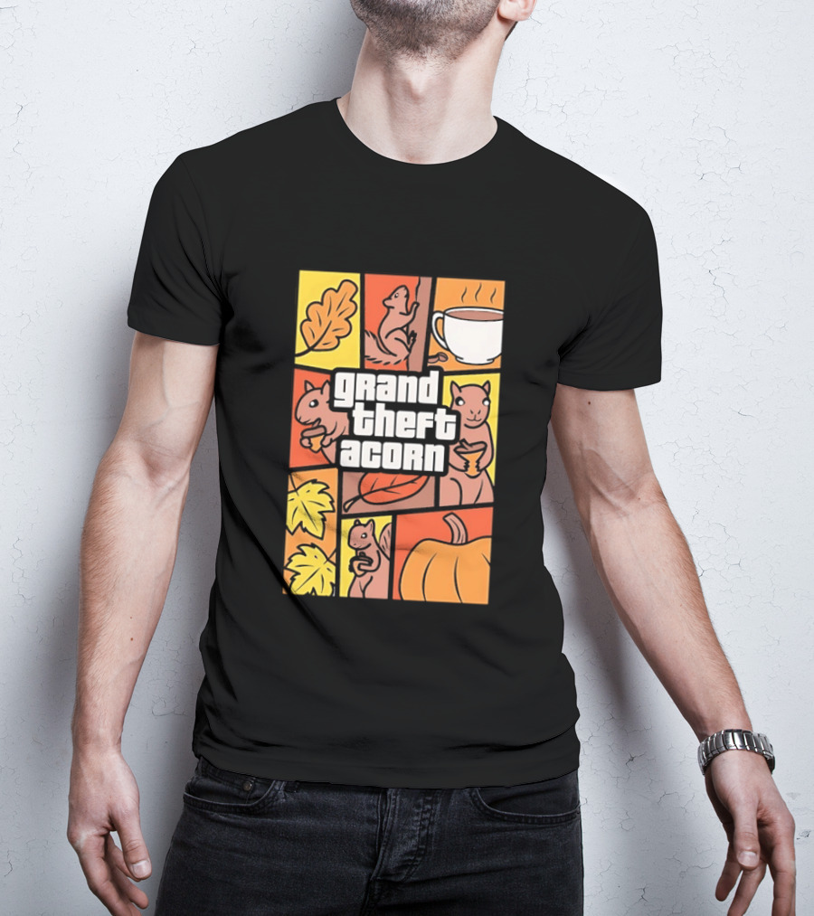 Grand Theft Acorn Autumn Squirrel Coffee Pumpkin Leaves T-Shirt