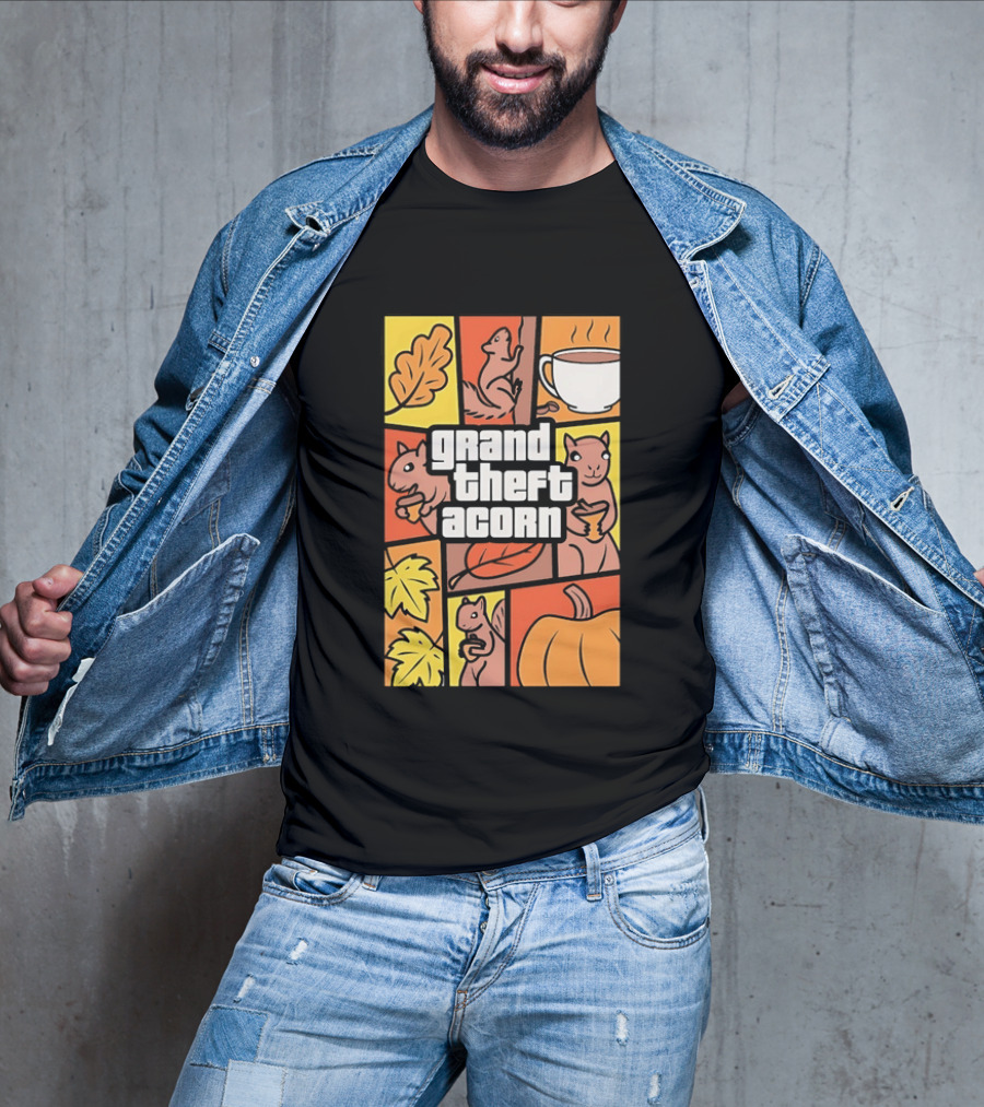 Grand Theft Acorn Autumn Squirrel Coffee Pumpkin Leaves T-Shirt