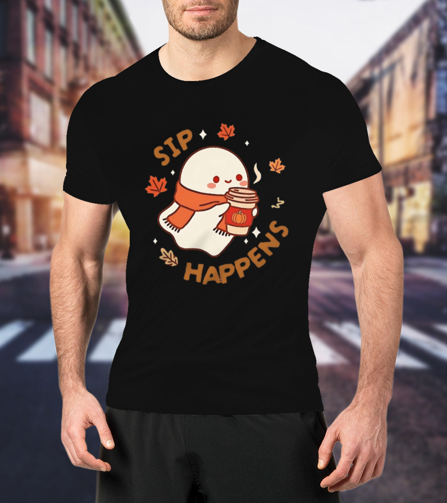 Sip Happens Ghost Pumpkin Spice Latte With Leaves And Scarf T-Shirt