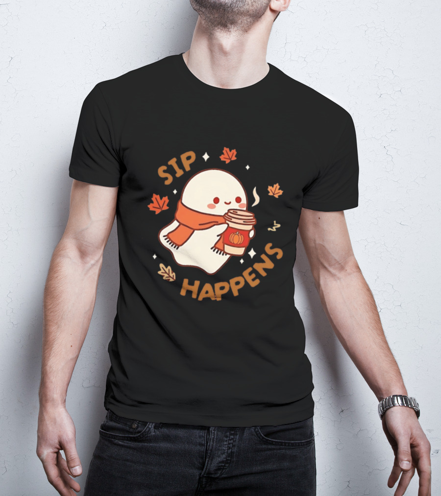 Sip Happens Ghost Pumpkin Spice Latte With Leaves And Scarf T-Shirt