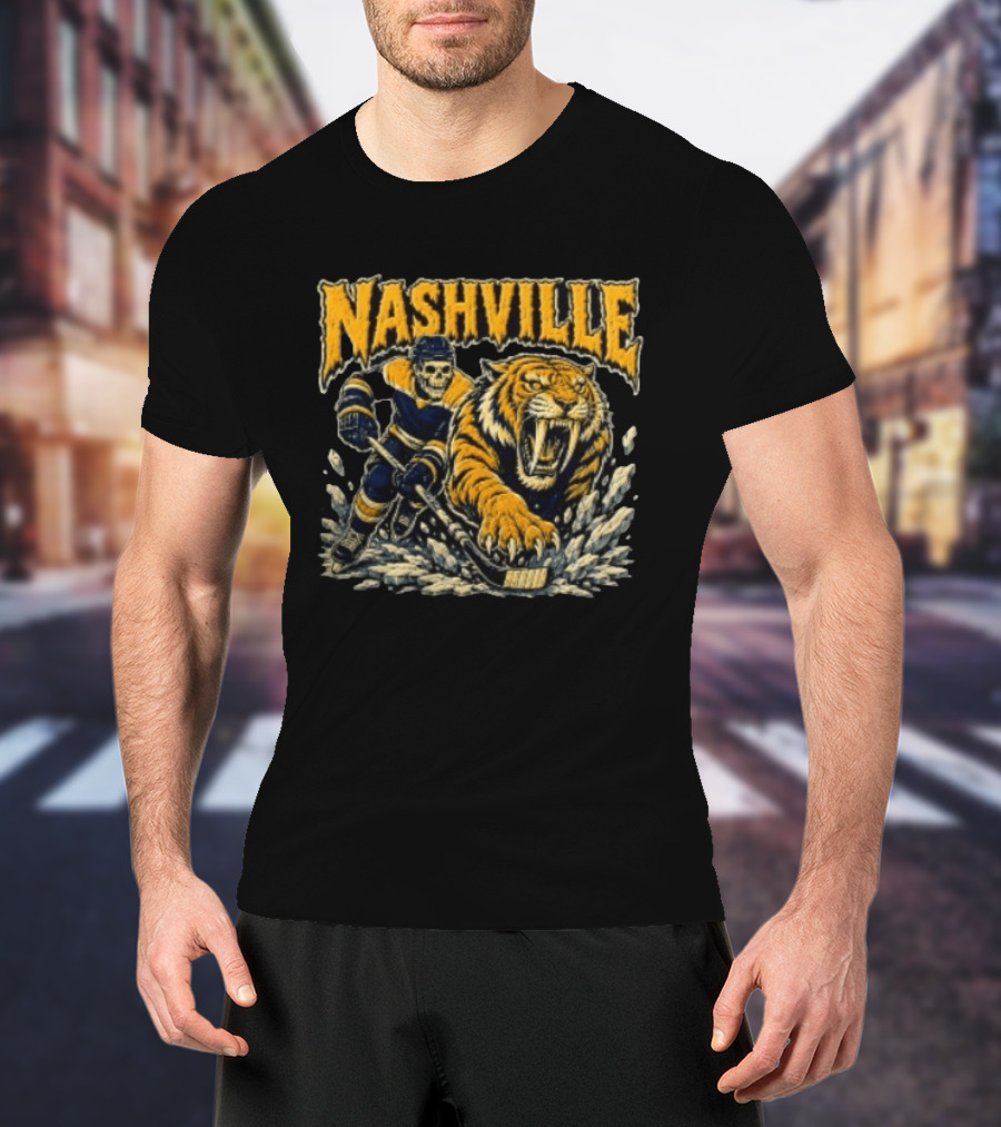 Nashville Hockey Skeleton Player With Fierce Tiger T-Shirt