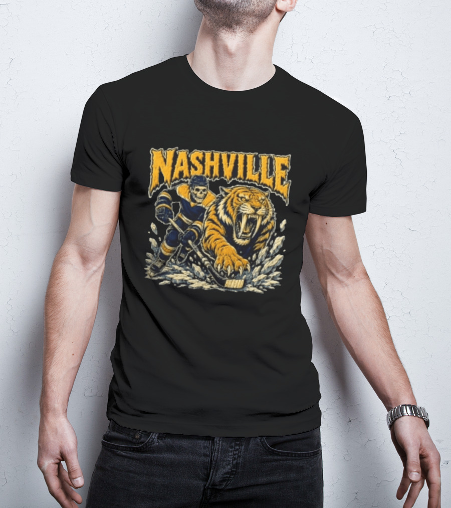Nashville Hockey Skeleton Player With Fierce Tiger T-Shirt