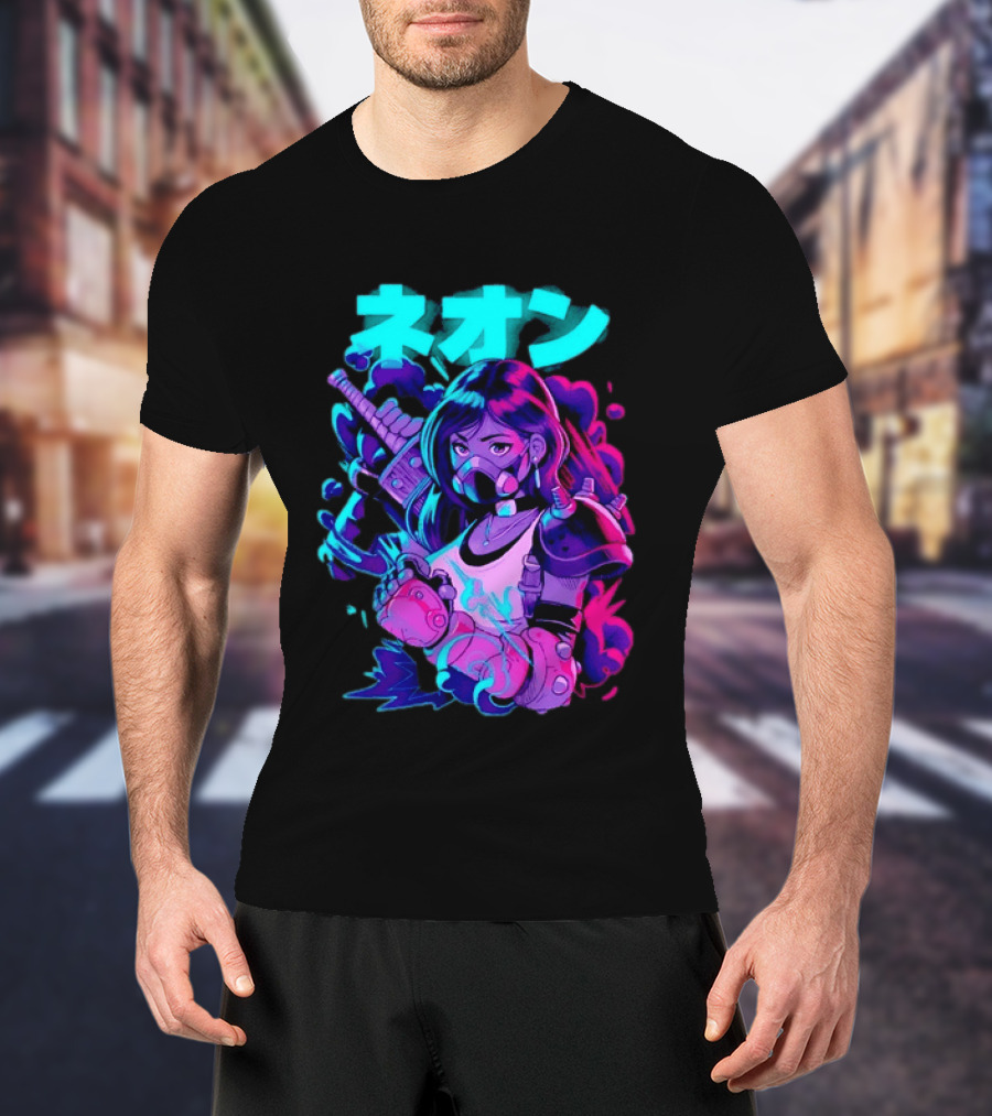 Neon Cyberpunk Anime Warrior Girl Futuristic Vaporwave Aesthetic T-Shirt