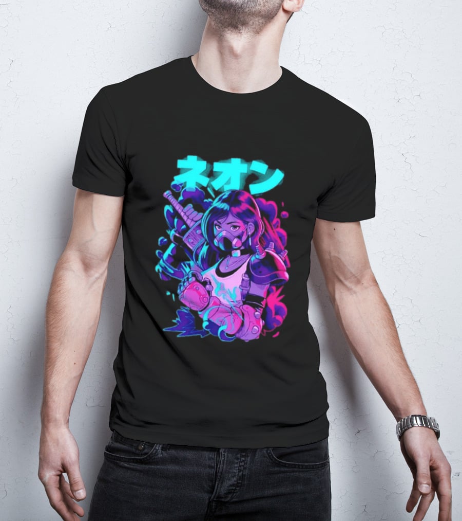 Neon Cyberpunk Anime Warrior Girl Futuristic Vaporwave Aesthetic T-Shirt