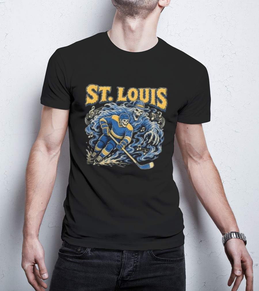 St. Louis Blues Hockey Skeleton Player With Music Notes And Ghostly Figure T-Shirt