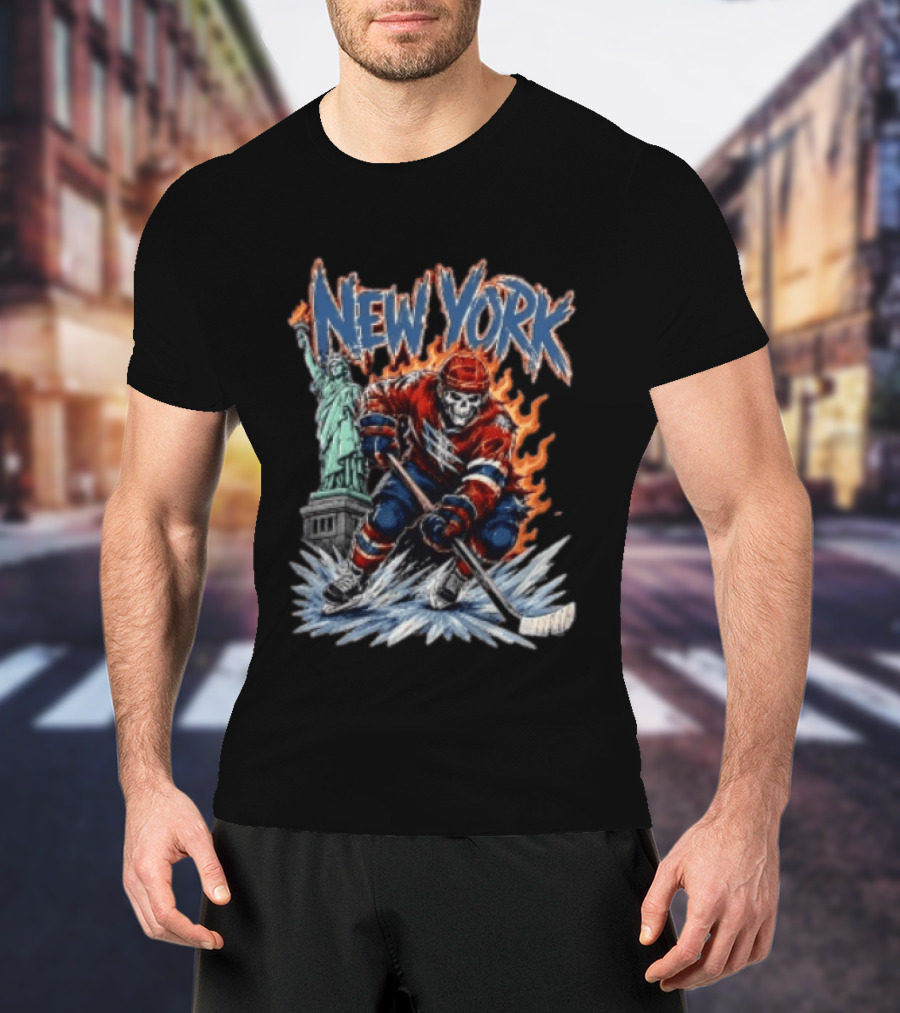 New York Rangers Skeleton Hockey Player Statue Of Liberty Flames T-Shirt