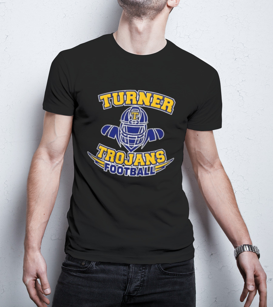 Turner Trojans Football Yellow Navy Helmet Shoulder Pads Gridiron T-Shirt