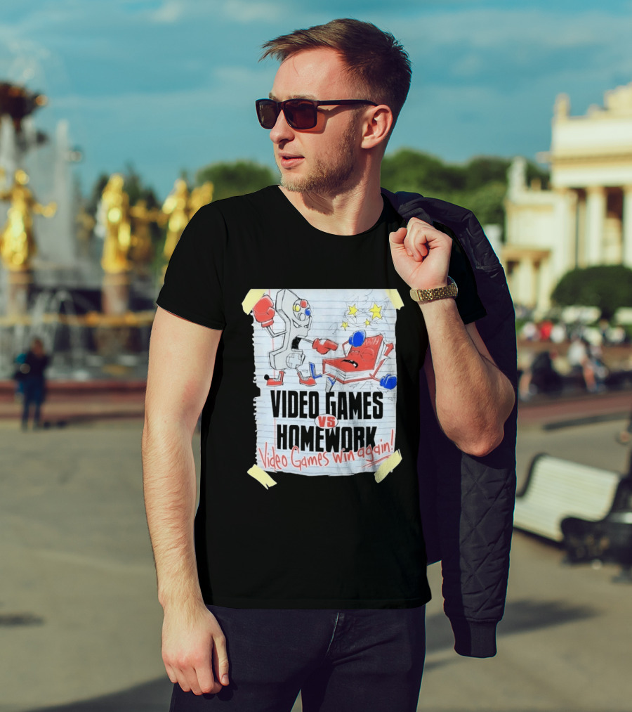 Video Games Vs Homework Video Games Win Again Math Battle Sketch T-Shirt