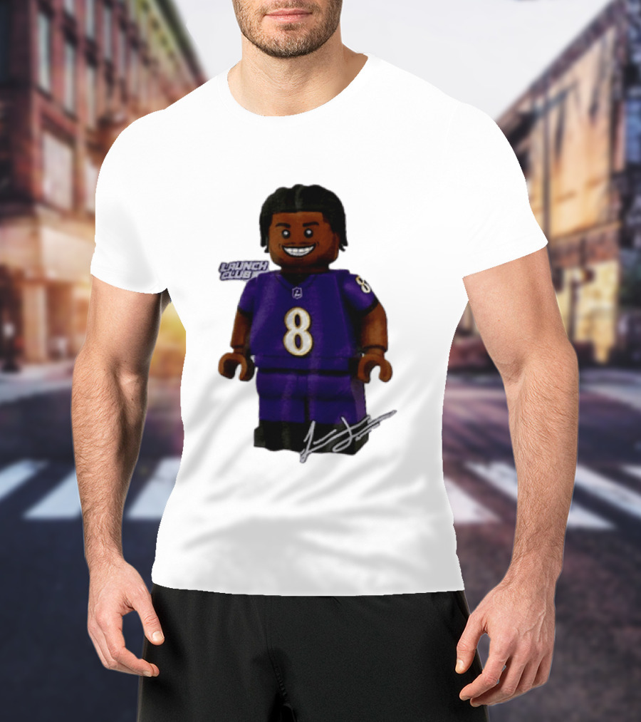 Baltimore Ravens Lamar Jackson Lego Minifigure Purple Jersey Number 8 T-Shirt