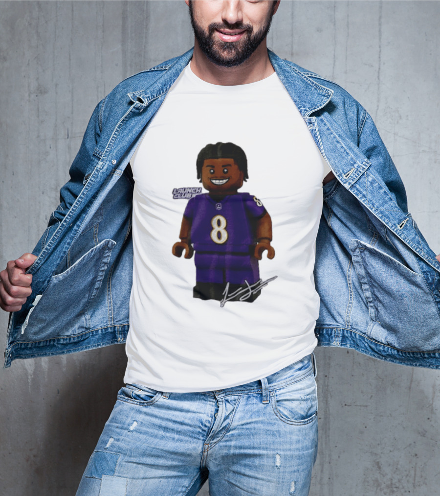Baltimore Ravens Lamar Jackson Lego Minifigure Purple Jersey Number 8 T-Shirt