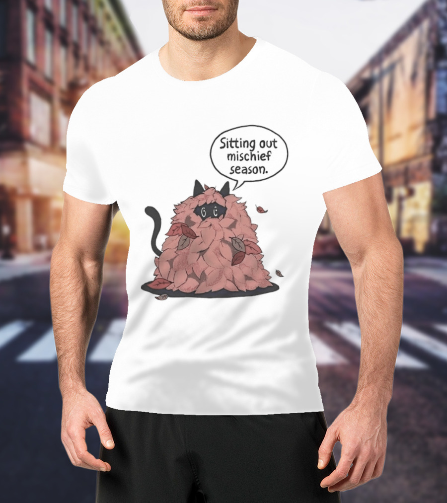 Sitting Out Mischief Season Cat Autumn Leaves T-Shirt
