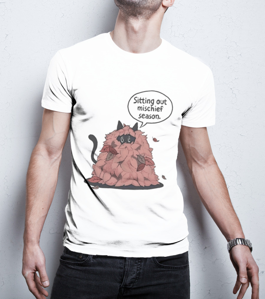 Sitting Out Mischief Season Cat Autumn Leaves T-Shirt