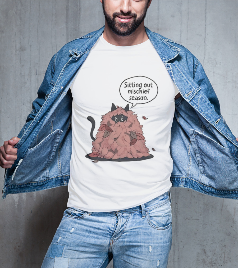 Sitting Out Mischief Season Cat Autumn Leaves T-Shirt