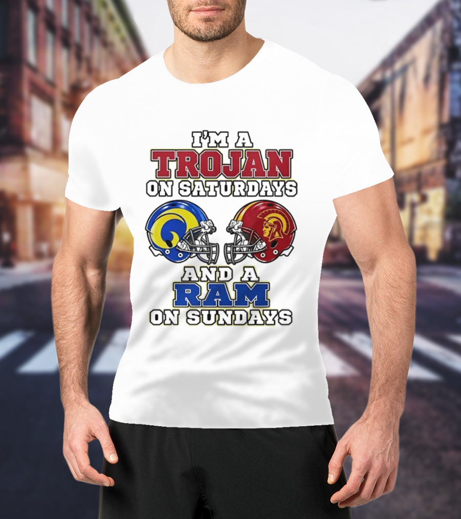 Trojan On Saturdays USC And Ram On Sundays Football Fan Helmet T-Shirt