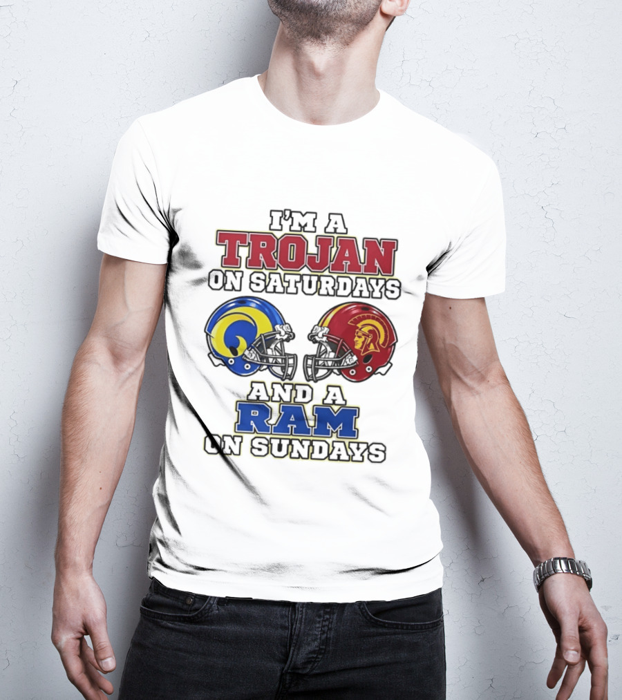 Trojan On Saturdays USC And Ram On Sundays Football Fan Helmet T-Shirt