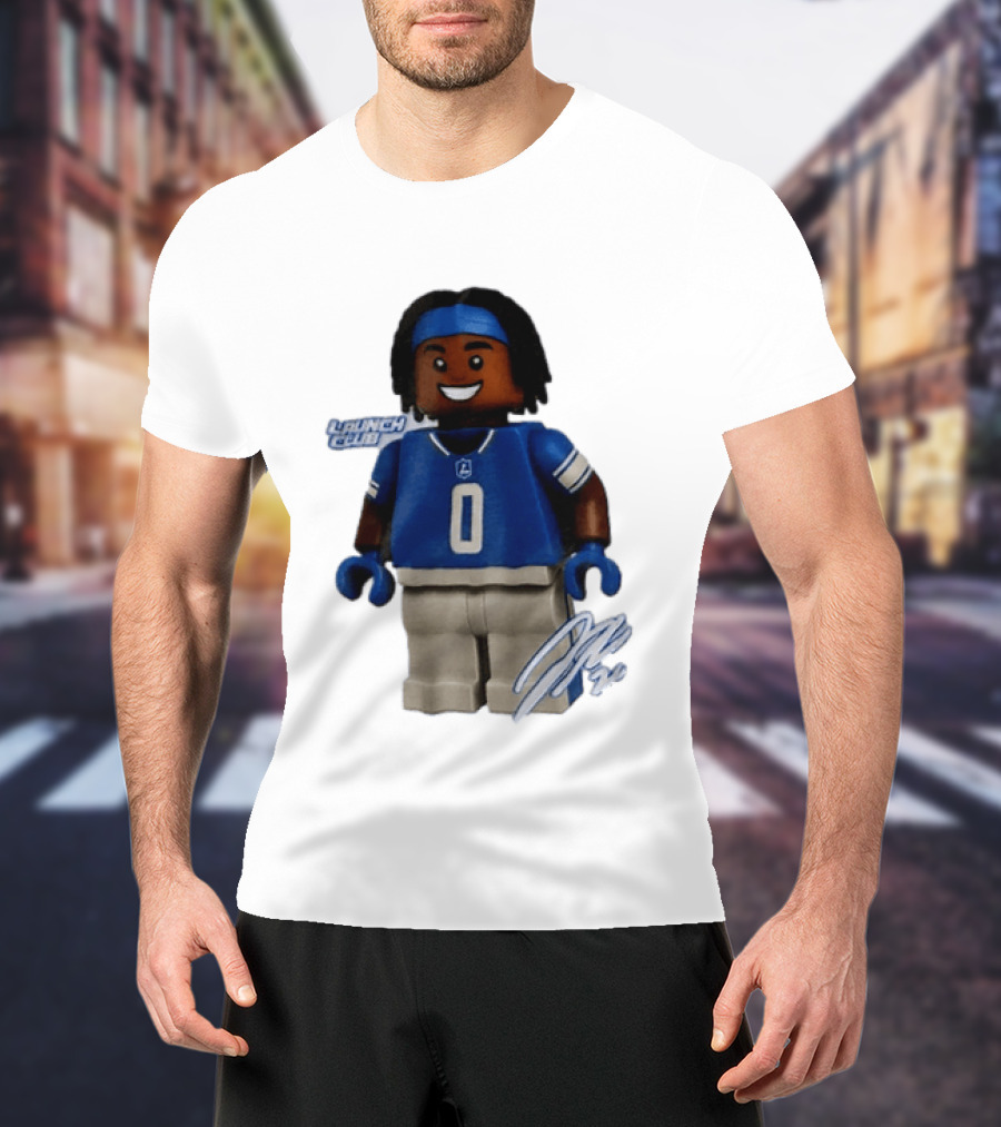 Detroit Lions Jahmyr Gibbs Lego Minifigure Launch Club Football Player T-Shirt