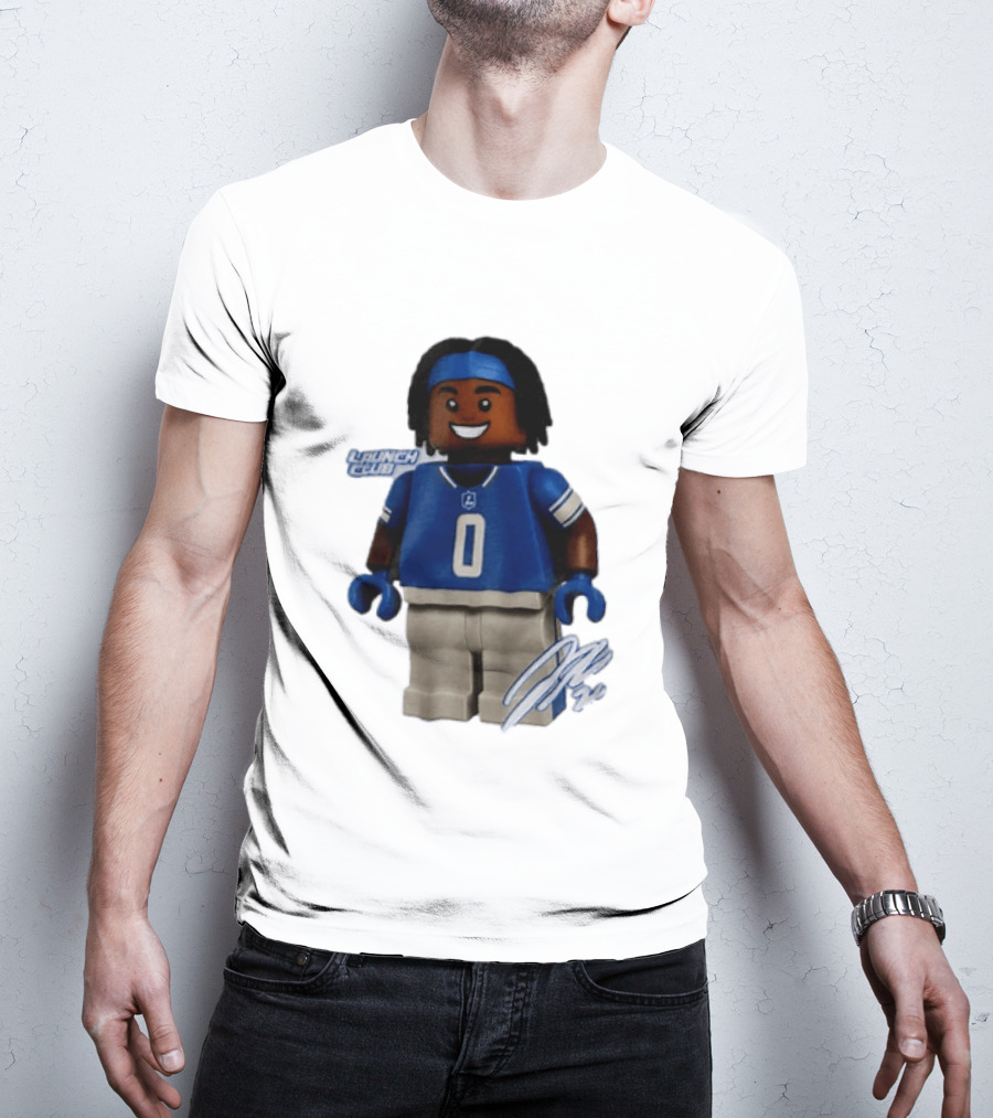 Detroit Lions Jahmyr Gibbs Lego Minifigure Launch Club Football Player T-Shirt