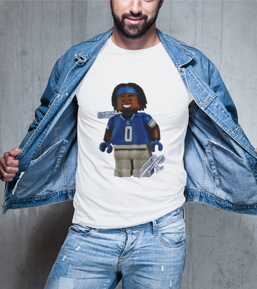 Detroit Lions Jahmyr Gibbs Lego Minifigure Launch Club Football Player T-Shirt