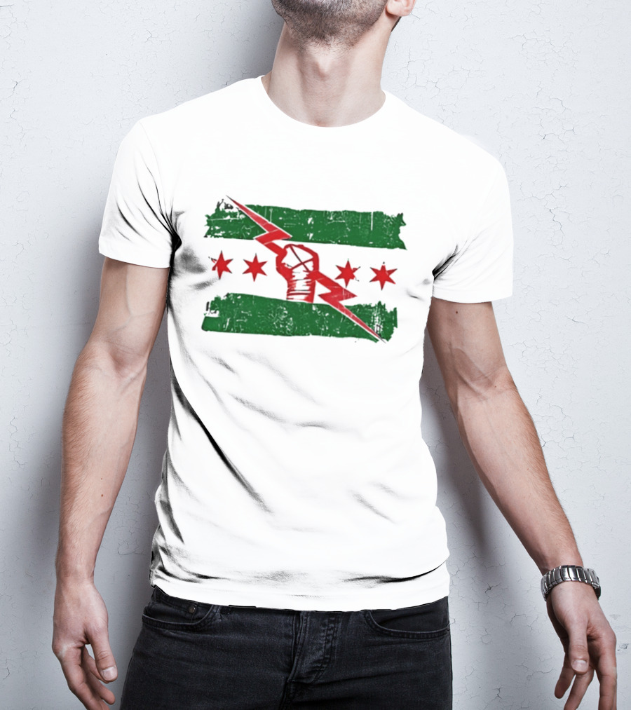 Chicago Flag Symbol Red Fist Lightning Bolt Green Distressed T-Shirt