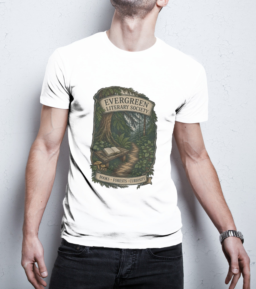 Evergreen Literary Society Books Forests Curiosity Pathway Through Trees T-Shirt