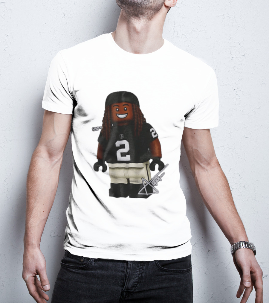 Las Vegas Raiders Running Back Ashton Jeanty 2 Lego Minifigure With Football Helmet T-Shirt