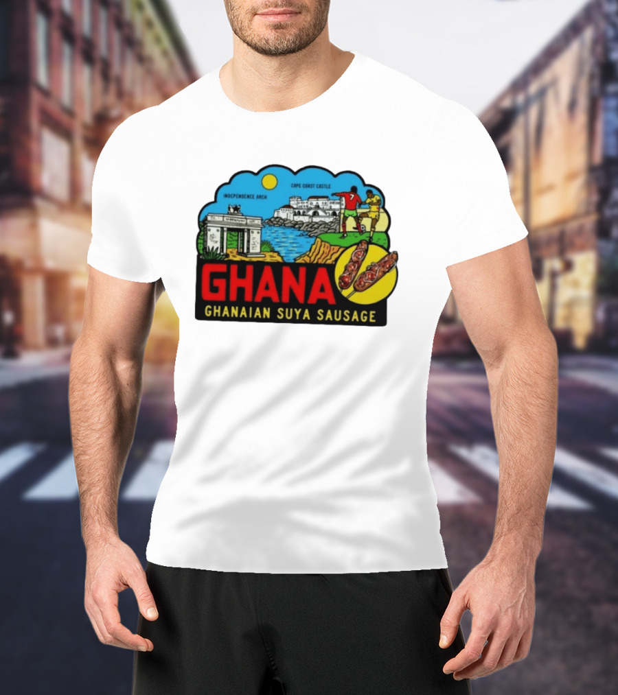 Ghana Cape Coast Castle Independence Arch Ghanaian Suya Sausage Soccer Scene T-Shirt