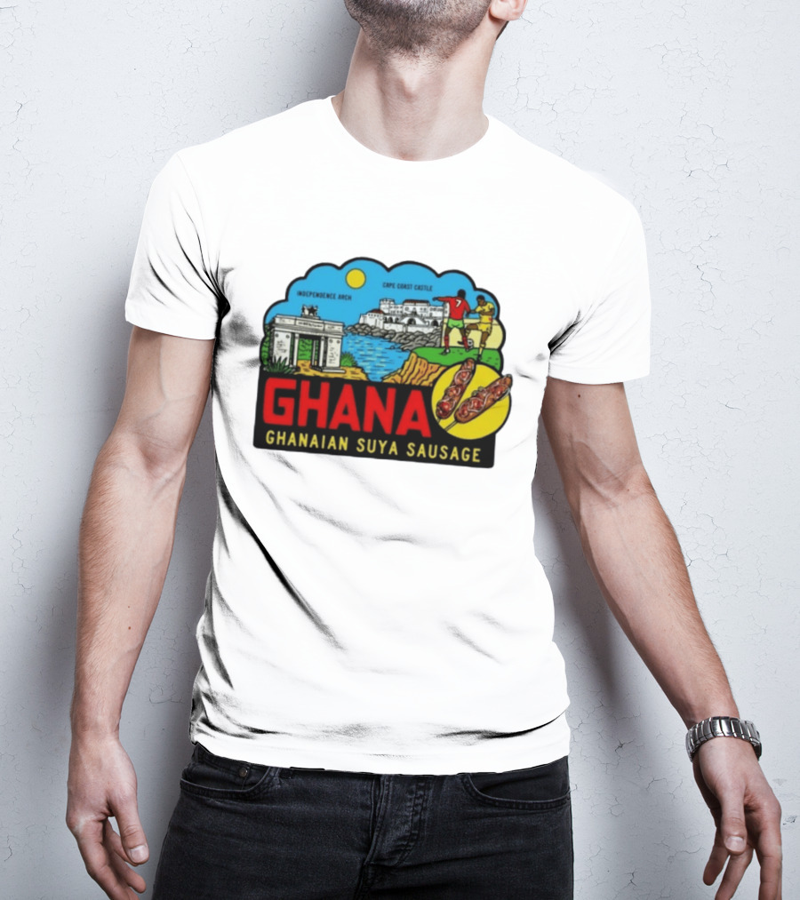 Ghana Cape Coast Castle Independence Arch Ghanaian Suya Sausage Soccer Scene T-Shirt