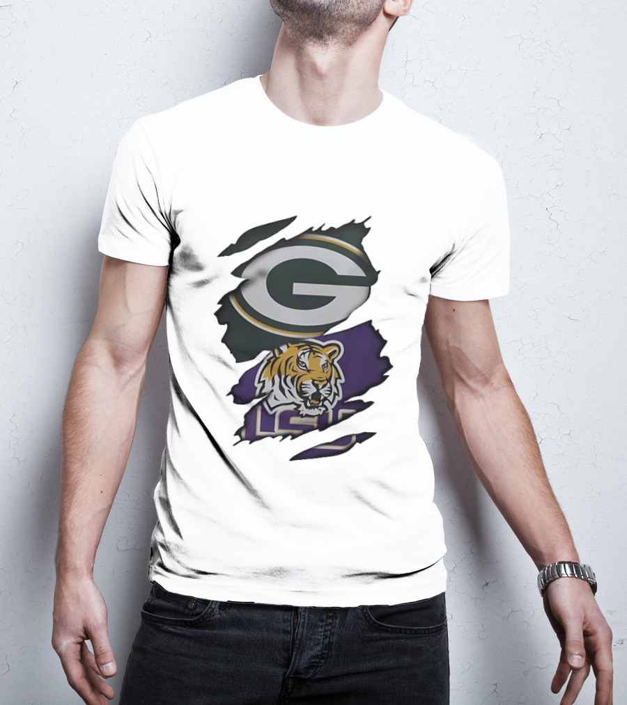 Green Bay Packers G Logo And LSU Tigers Purple And Gold Torn Fabric T-Shirt