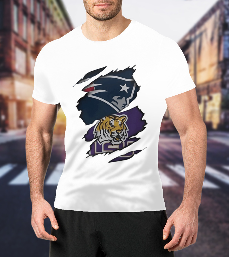 New England Patriots LSU Tigers Torn Fabric Tiger And Patriot Head Logos T-Shirt