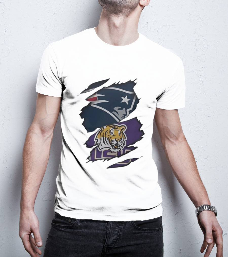 New England Patriots LSU Tigers Torn Fabric Tiger And Patriot Head Logos T-Shirt