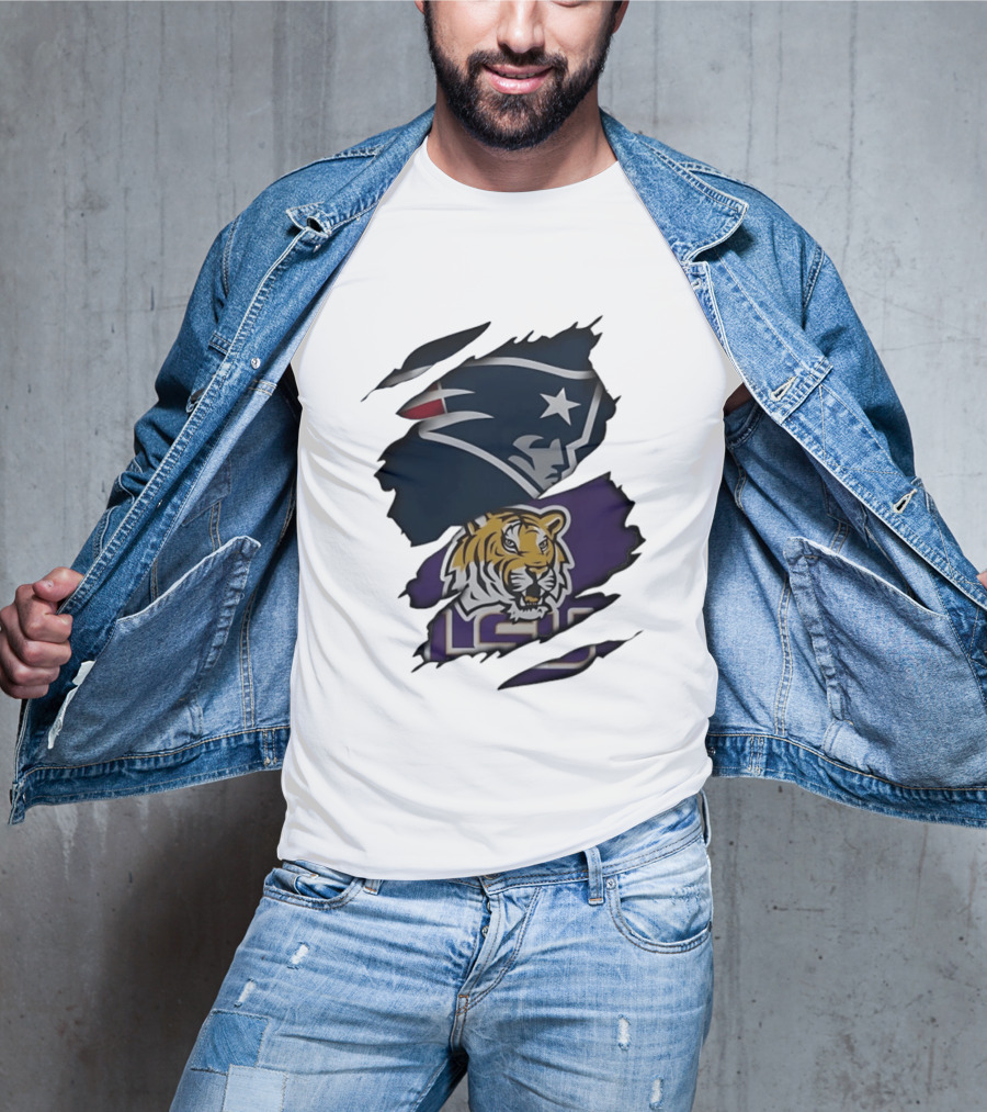 New England Patriots LSU Tigers Torn Fabric Tiger And Patriot Head Logos T-Shirt