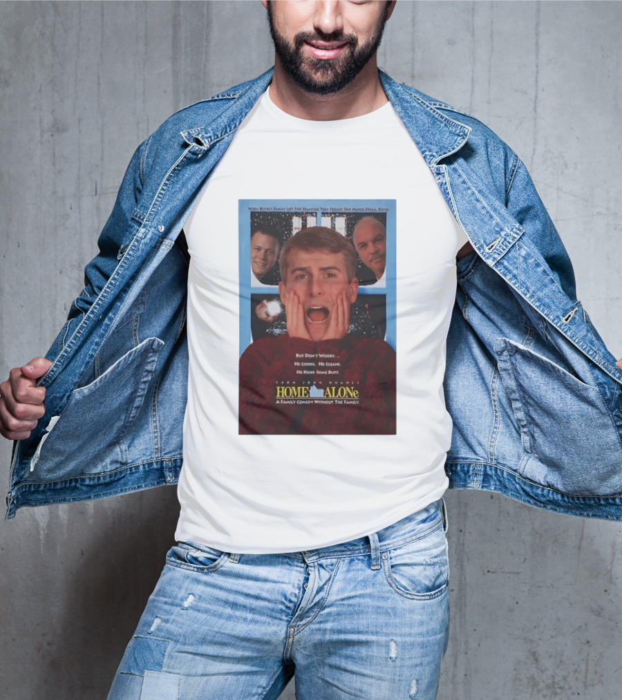 Home Alone But Don't Worry He Cooks He Cleans He Kicks Some Butt John Hughes Movie Kevin McCallister T-Shirt