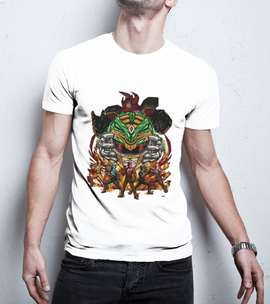 Mighty Morphin Power Rangers Green Ranger Dragonzord Helmet And Team Pose T-Shirt