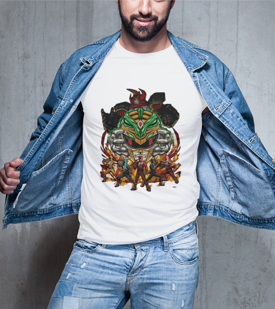 Mighty Morphin Power Rangers Green Ranger Dragonzord Helmet And Team Pose T-Shirt