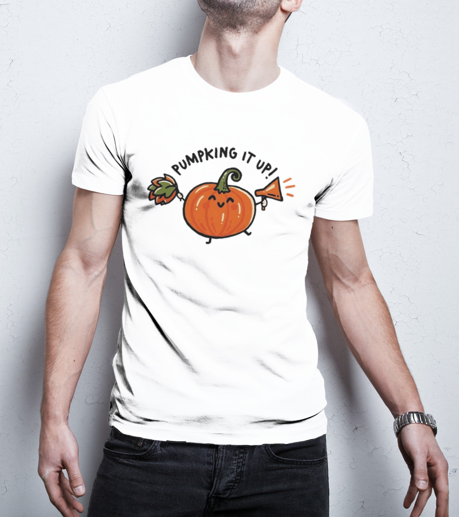 Pumpking It Up Pumpkin Cheerleader Cute Cartoon Holding Megaphone And Pom Pom T-Shirt