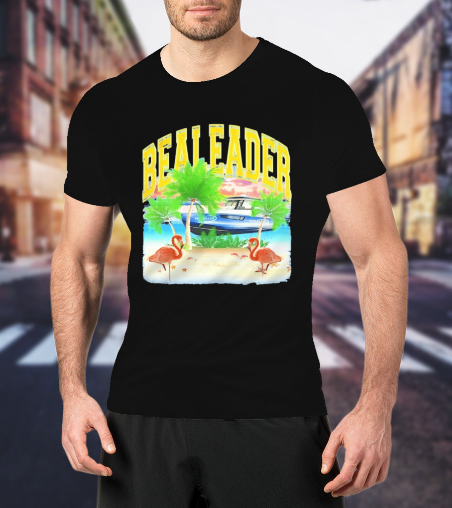 Bealeader Tropical Beach Scene With Palm Trees, Boat, And Flamingos T-Shirt