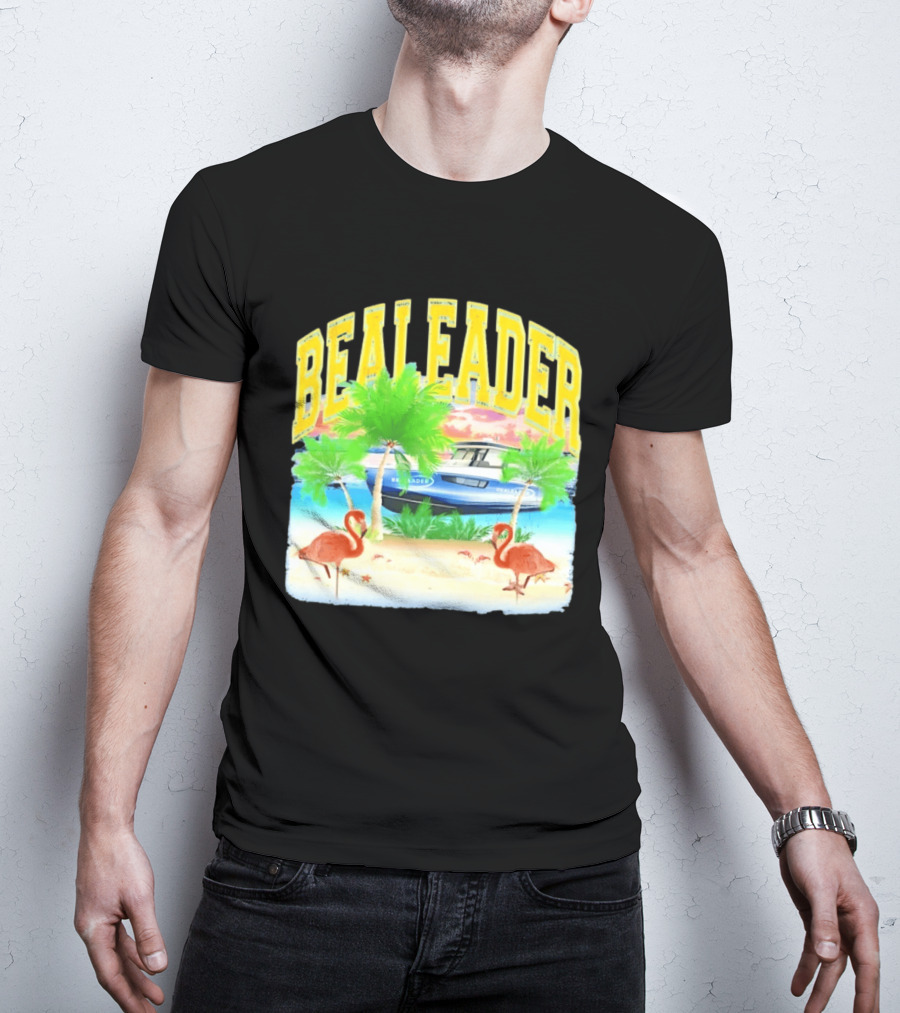 Bealeader Tropical Beach Scene With Palm Trees, Boat, And Flamingos T-Shirt
