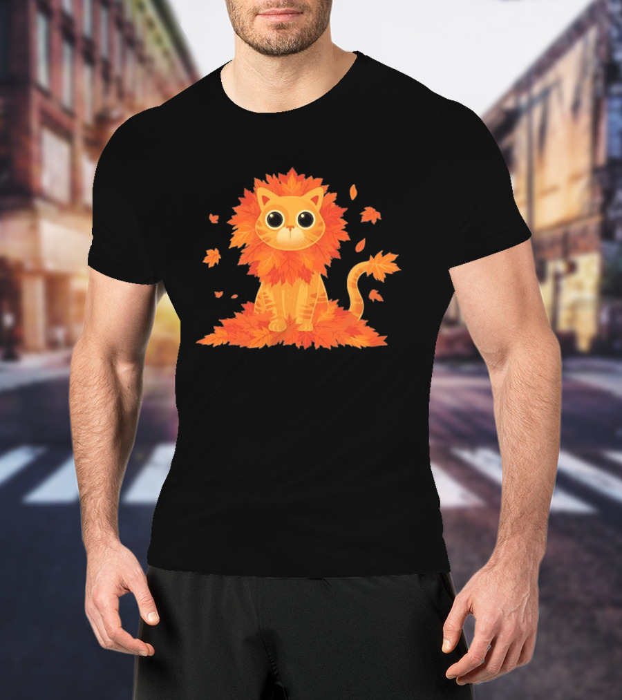 Cat With Autumn Leaves Mane Fall Lion Cozy Cute Kitty T-Shirt
