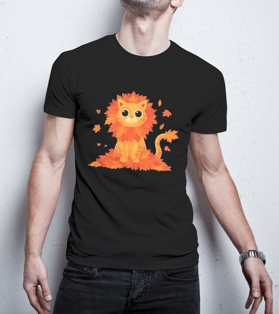 Cat With Autumn Leaves Mane Fall Lion Cozy Cute Kitty T-Shirt