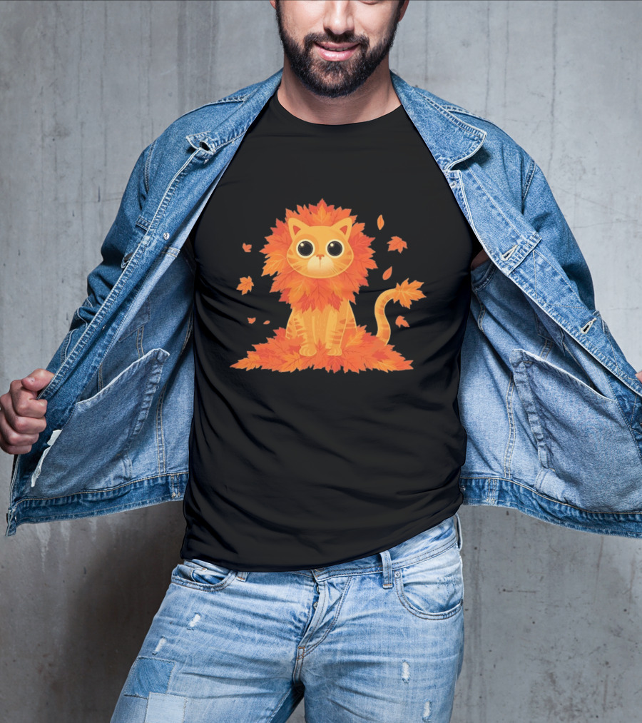 Cat With Autumn Leaves Mane Fall Lion Cozy Cute Kitty T-Shirt