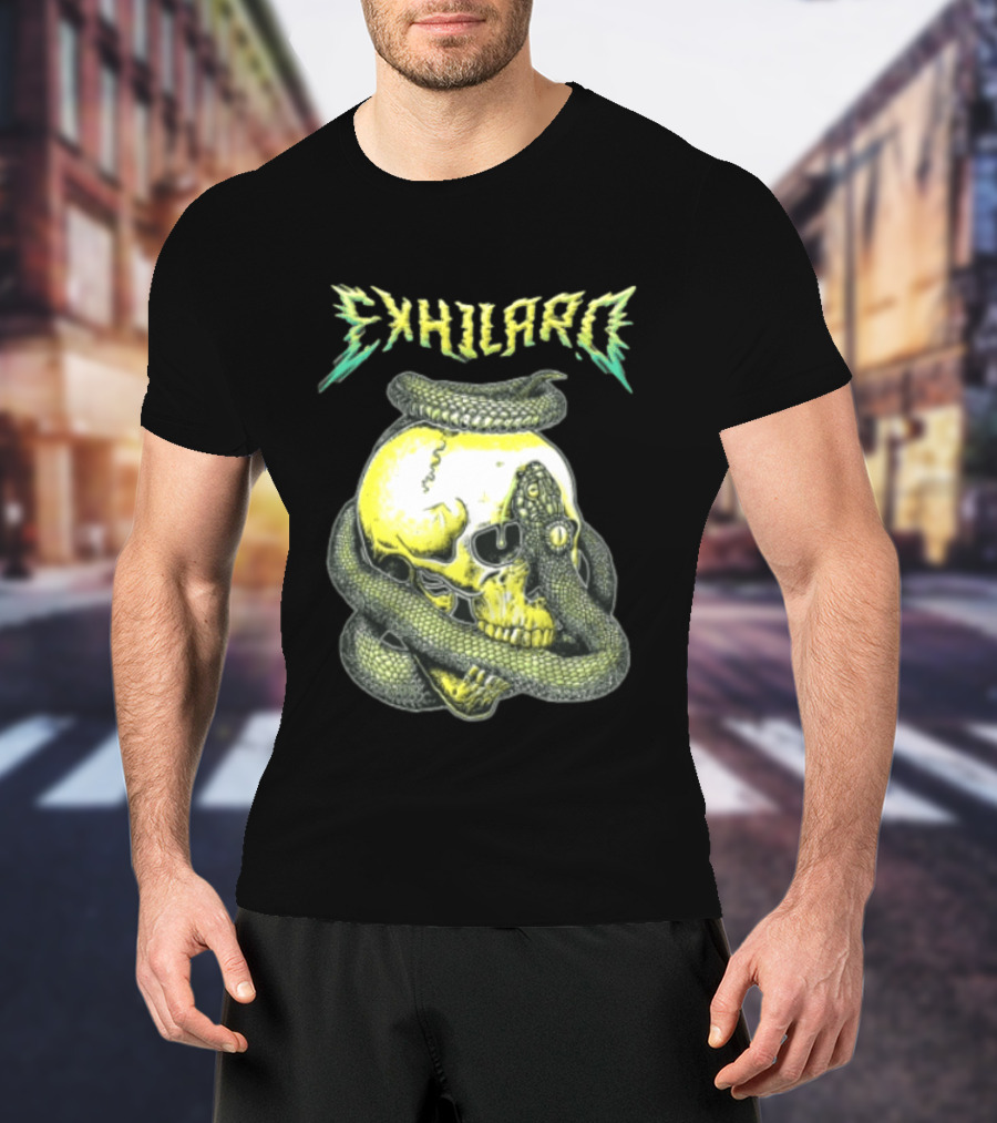 Exhilaro Venomous Serpent Coiled Around Yellow Human Skull T-Shirt