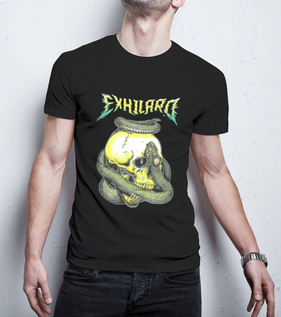 Exhilaro Venomous Serpent Coiled Around Yellow Human Skull T-Shirt