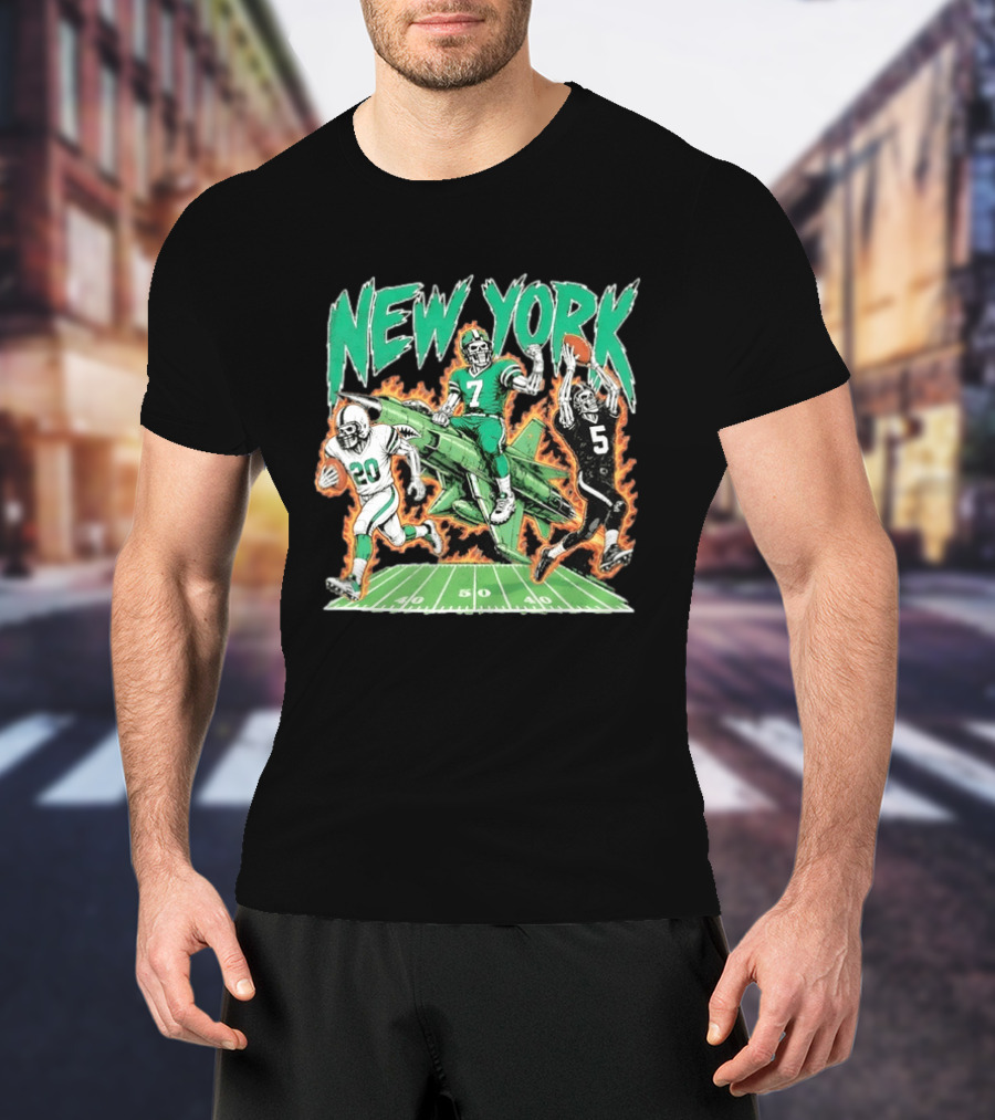 New York Jets Skeleton Football Players With Jet And Field T-Shirt